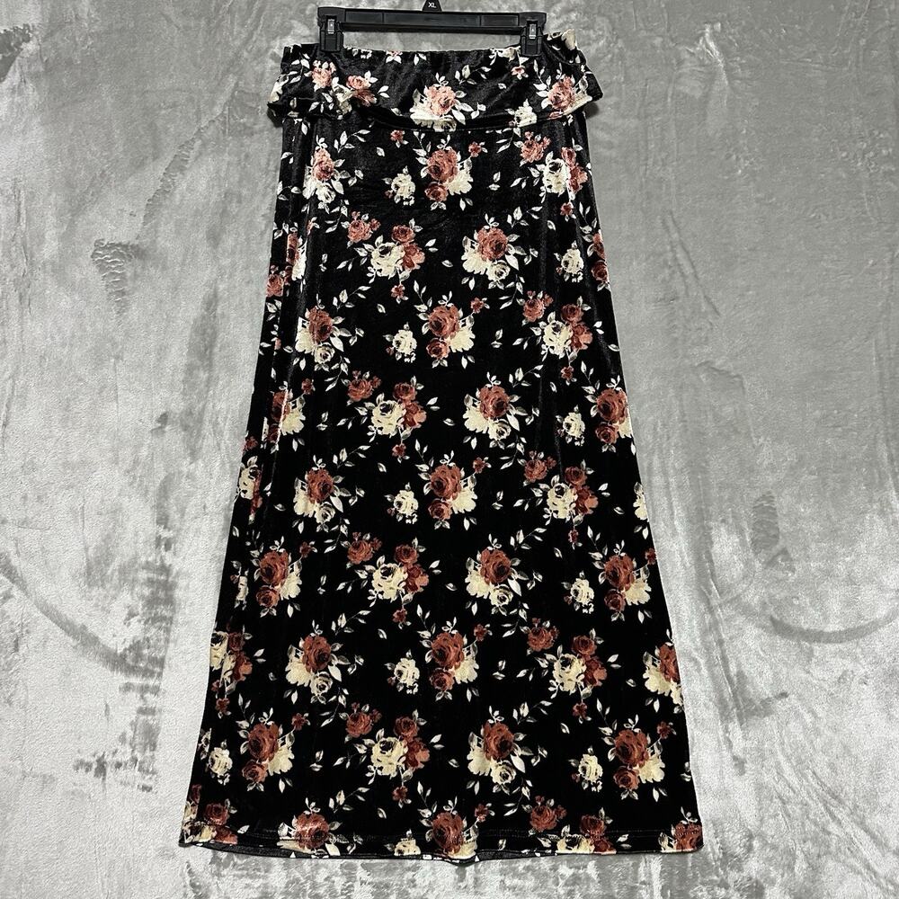 Earthbound Trading Co Velour Maxi Skirt Womens L Black Floral Whimsigoth Pull On